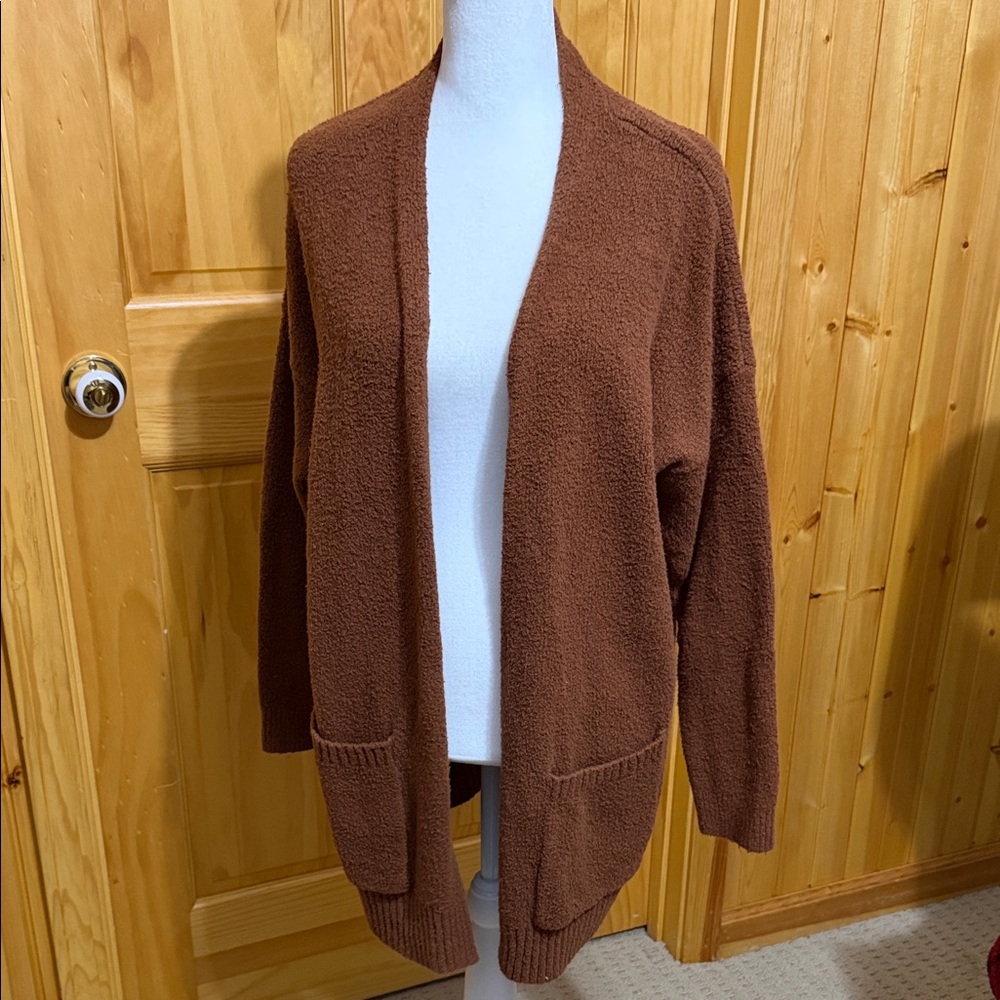 Eileen Fisher Chestnut Brown Open-Front Plush Cardigan, Size Petite Large.